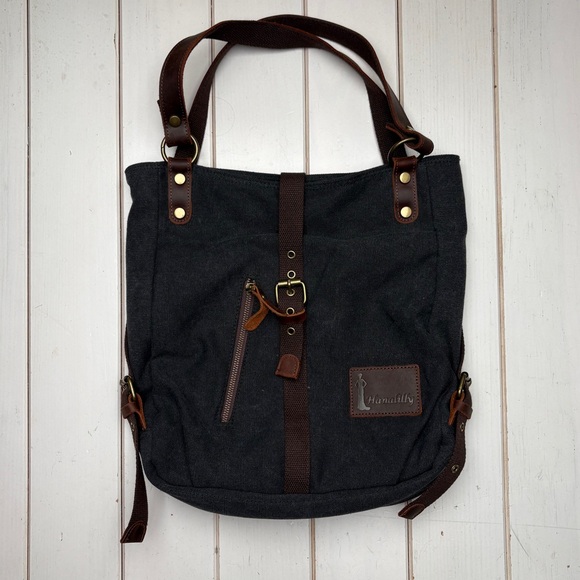 Canvas Tote/Convertible Backpack with Leather Accents - Picture 3 of 11